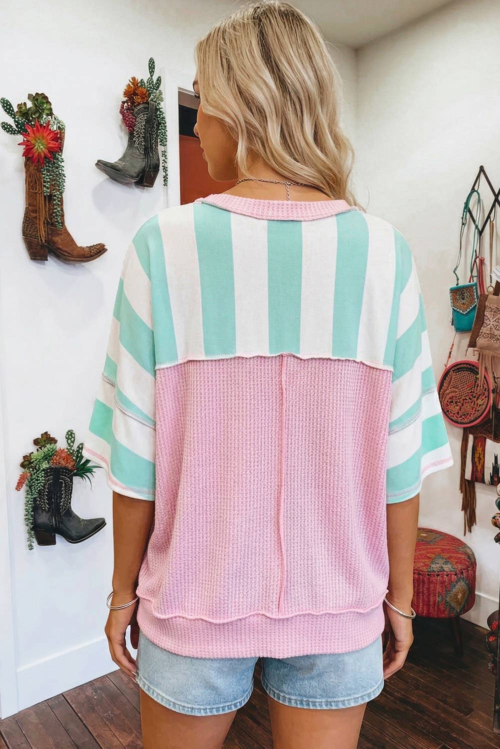 Summer Stripe Exposed Seam Ribbed Patchwork Oversized Tee