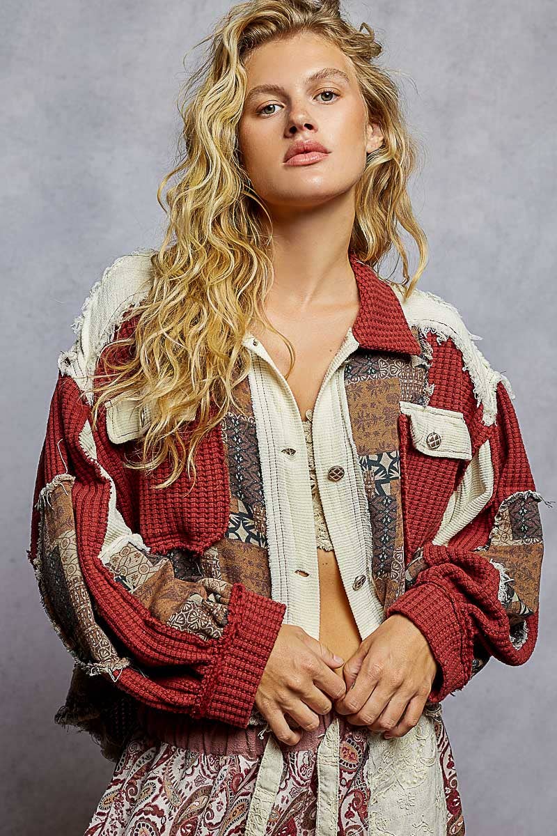 Pol Clothing - Balloon Sleeve Contrast Paisley Pattern Cropped Knit Jacket