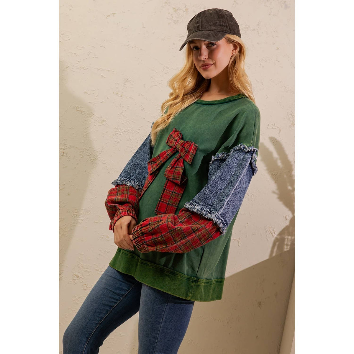 Sage + Fig - PLAID BOW DENIM SLEEVE PULLOVER (ST8117)