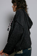 Pol Clothing - Oversize Fit V-neck Hooded Cable Knit Chenille Sweater SALE
