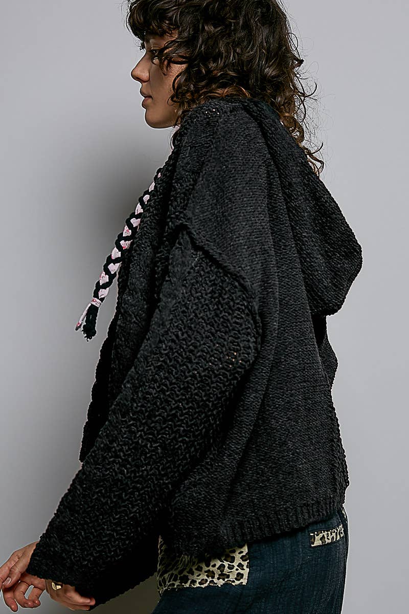 Pol Clothing - Oversize Fit V-neck Hooded Cable Knit Chenille Sweater SALE