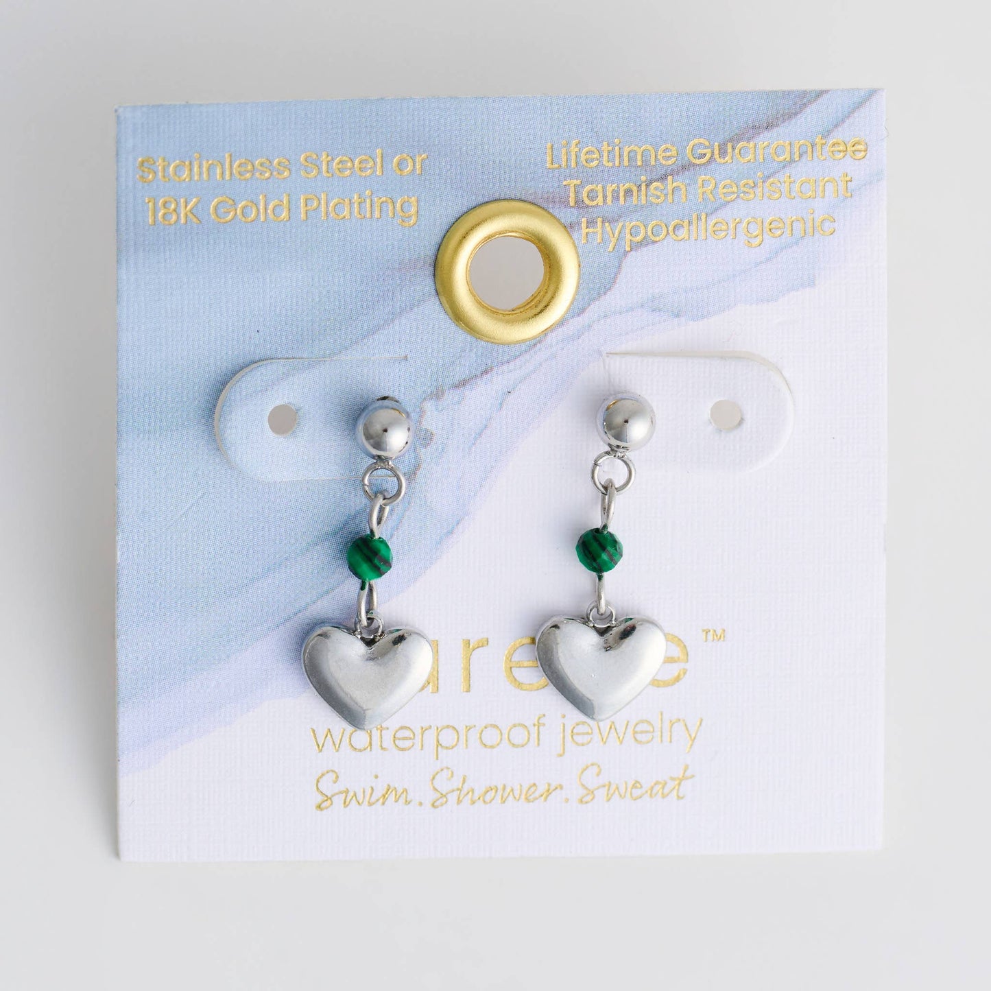 Howard's - Waterproof Earrings Heart Malachite Drop Narelle Silver