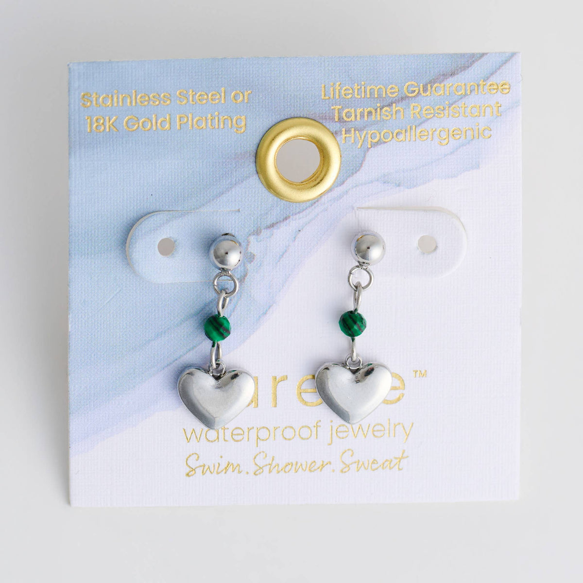 Howard's - Waterproof Earrings Heart Malachite Drop Narelle Silver