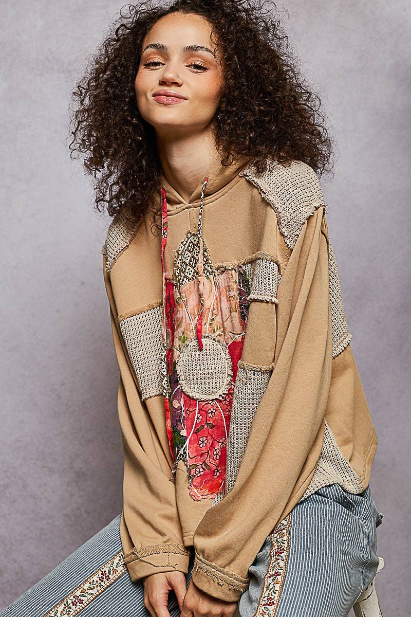 Pol Clothing - Long sleeve French terry printed flower patch knit top