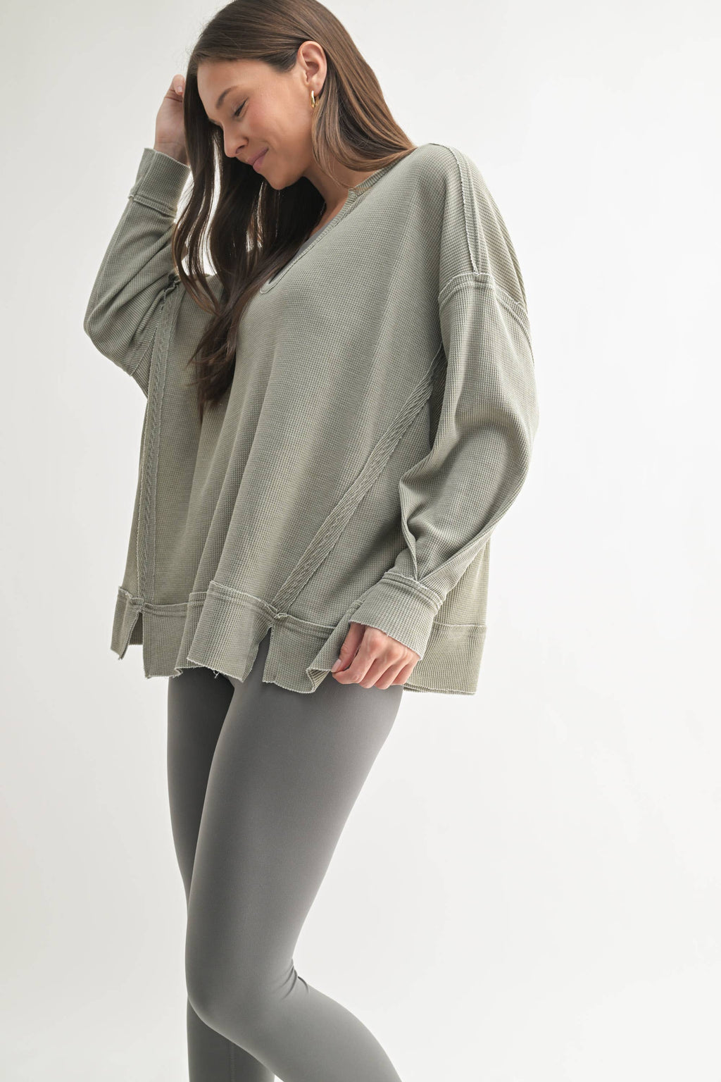 Cotton Blend Waffle Knit Oversized Long Sleeve