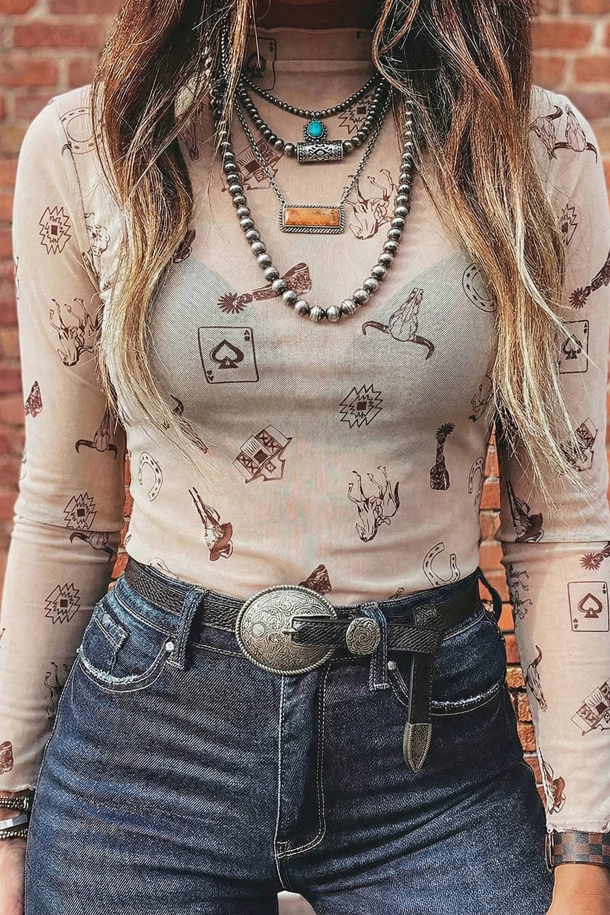 Western Mesh Long Sleeve Mock Neck Top