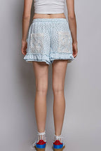 Pol Clothing - Boho Floral Knit Waistband Lace Patch Ruffle Shorts