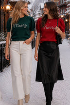 Merry Rhinestone Puff Sleeve Holiday Sweater Top-Main Strip