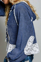 Pol Clothing - Cropped Balloon Sleeves Thermal Knit Lace Casual Hoodie