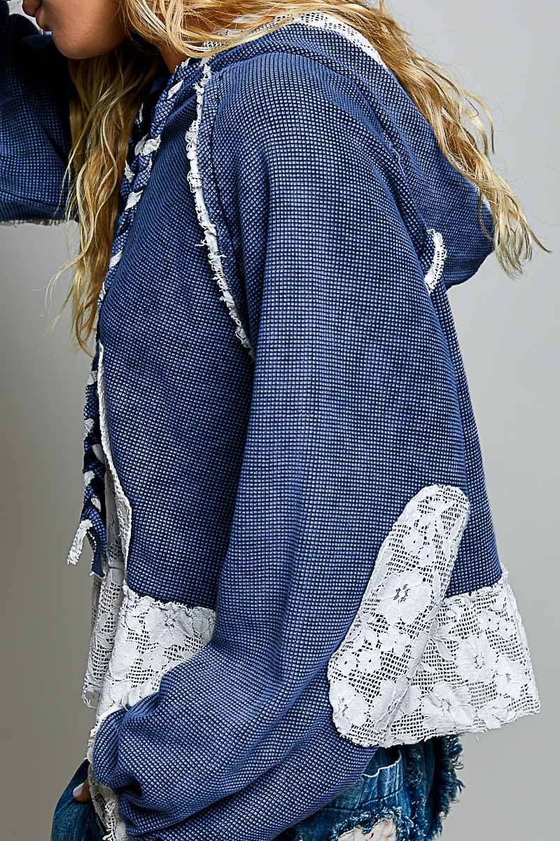 Pol Clothing - Cropped Balloon Sleeves Thermal Knit Lace Casual Hoodie