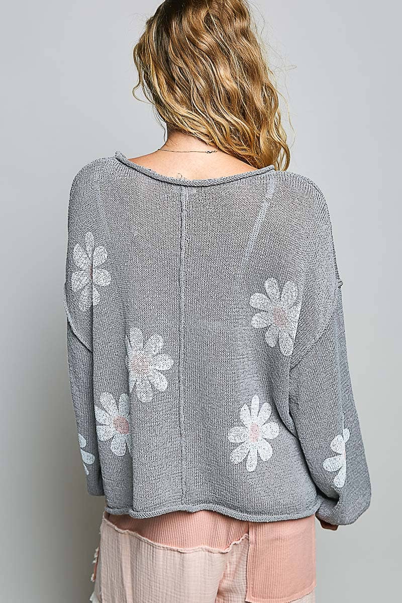 Pol Clothing - Round Neck Balloon Sleeve Floral Print Thin Sweater