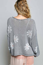 Pol Clothing - Round Neck Balloon Sleeve Floral Print Thin Sweater