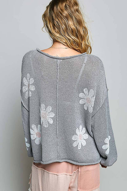 Pol Clothing - Round Neck Balloon Sleeve Floral Print Thin Sweater