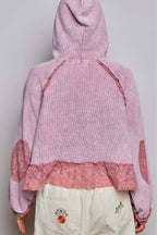 Pol Clothing - Cropped Balloon Sleeves Thermal Knit Lace Casual Hoodie