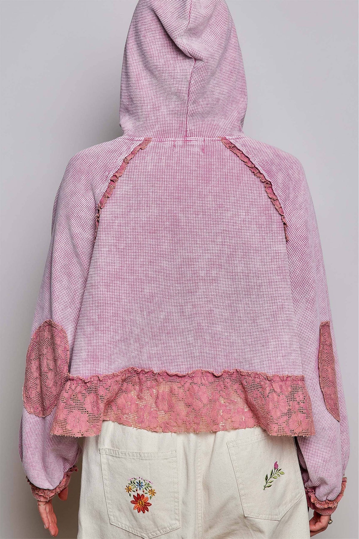 Pol Clothing - Cropped Balloon Sleeves Thermal Knit Lace Casual Hoodie