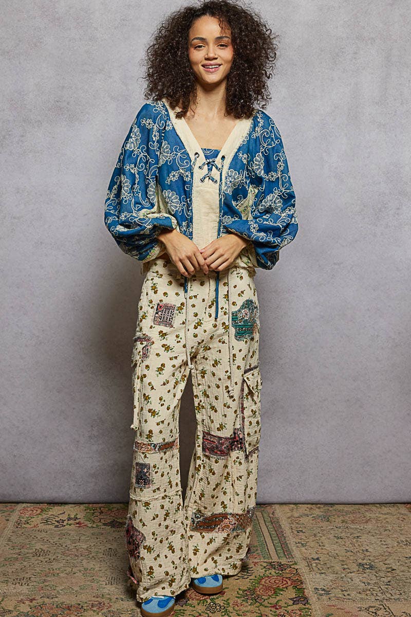 Strawberry V Neck Balloon Sleeve Floral Ruffle Woven Printed Top
