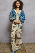 Strawberry V Neck Balloon Sleeve Floral Ruffle Woven Printed Top