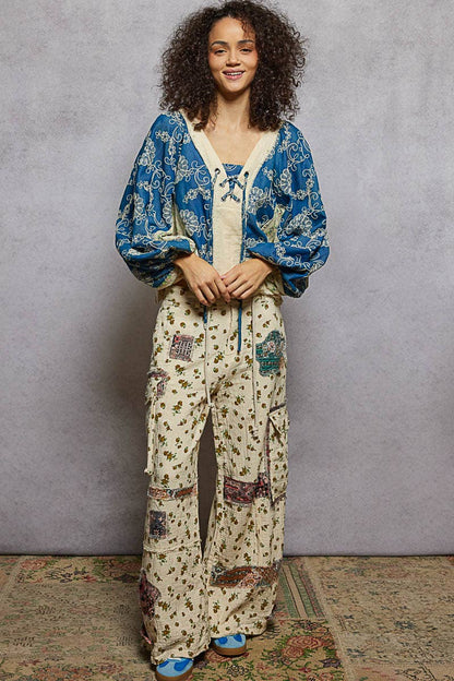 Strawberry V Neck Balloon Sleeve Floral Ruffle Woven Printed Top