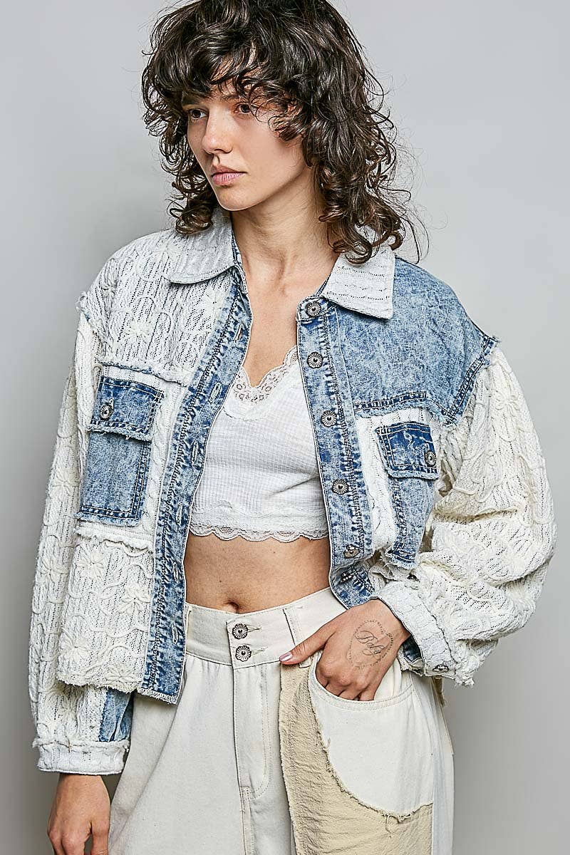 Pol Clothing - Cable Knit Lace Patchwork Woven Long Sleeve Shirt Top