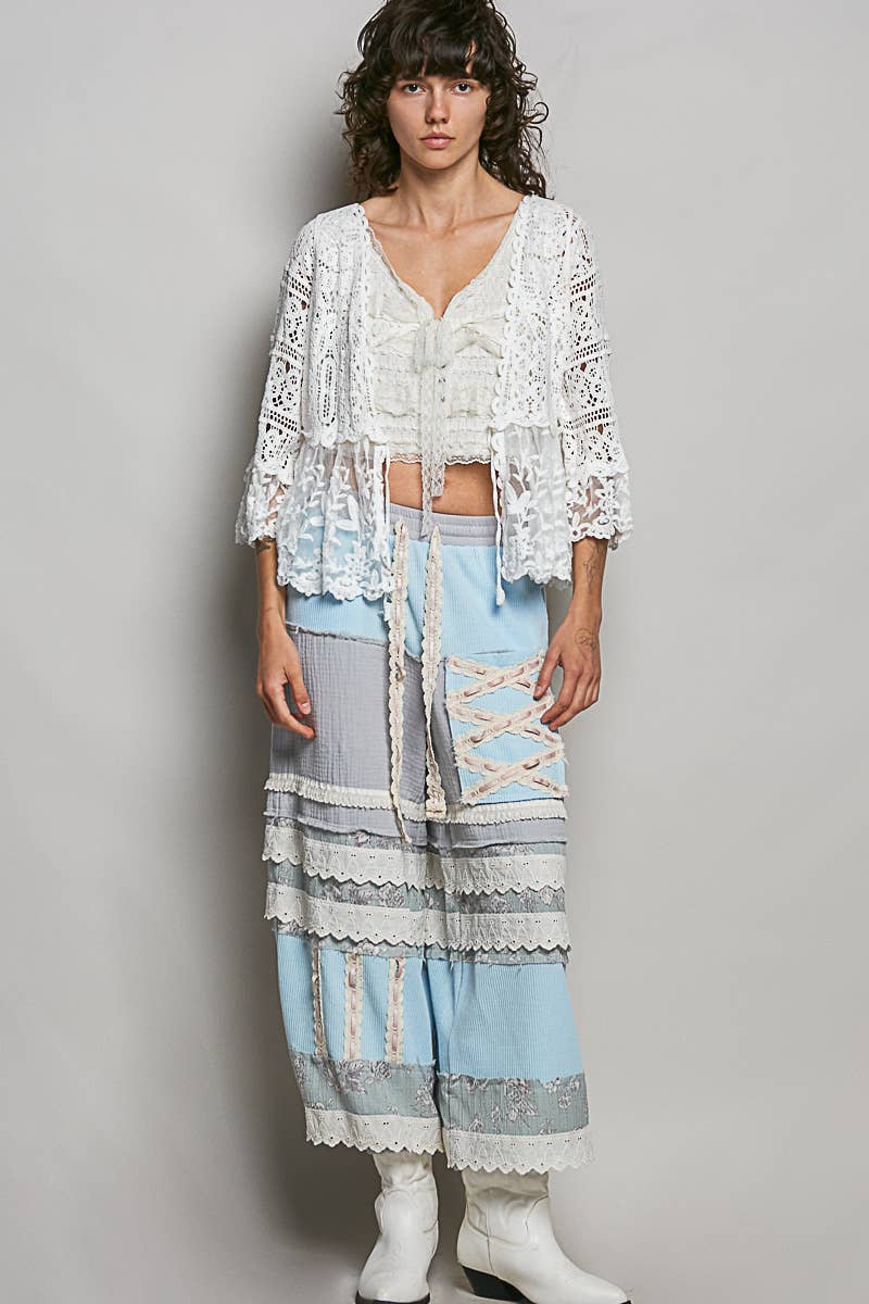 Pol Clothing - V-neck Short Sleeve Crochet Floral Lace Cardigan