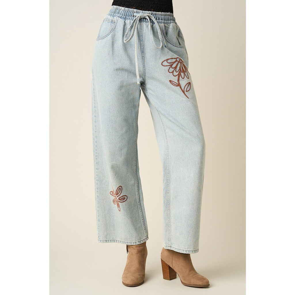 DAISY EMBROIDERY ELASTIC WAIST DENIM JEANS