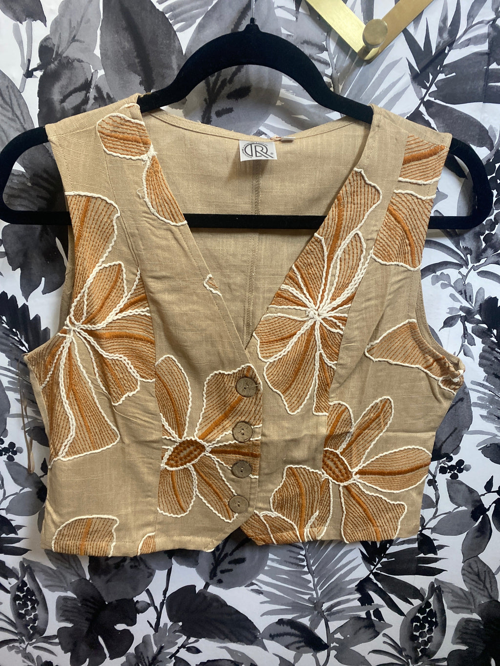 Embroidered Petals Crop Top-Camel