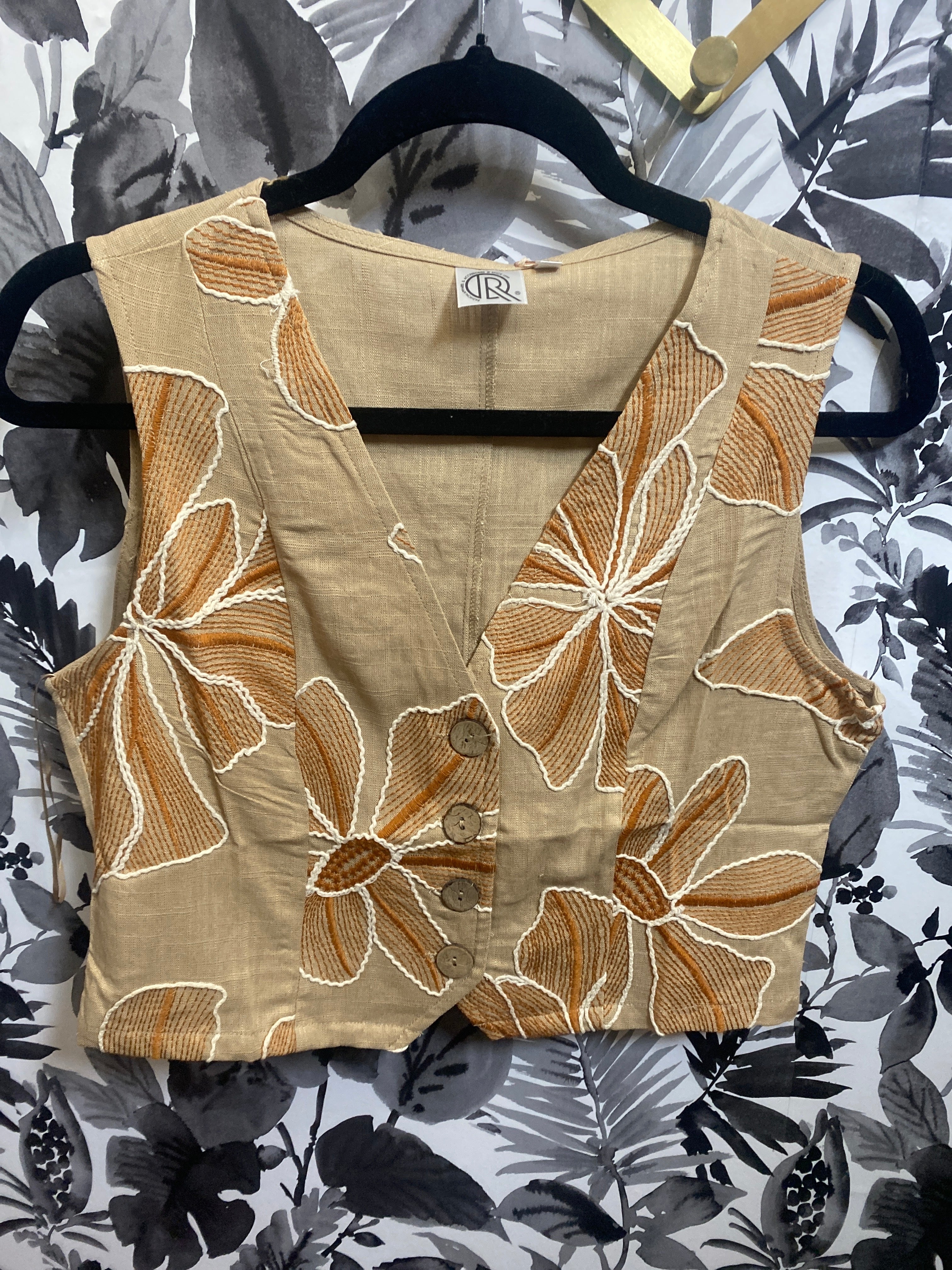 Embroidered Petals Crop Top-Camel