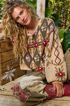 Pol Clothing - Scoop neck Aztec pattern 3D floral detail sweater top