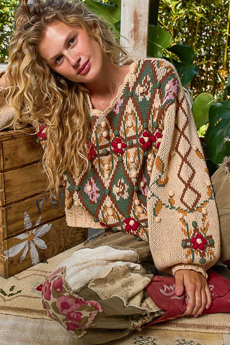 Pol Clothing - Scoop neck Aztec pattern 3D floral detail sweater top
