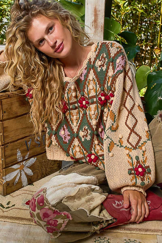 Pol Clothing - Scoop neck Aztec pattern 3D floral detail sweater top