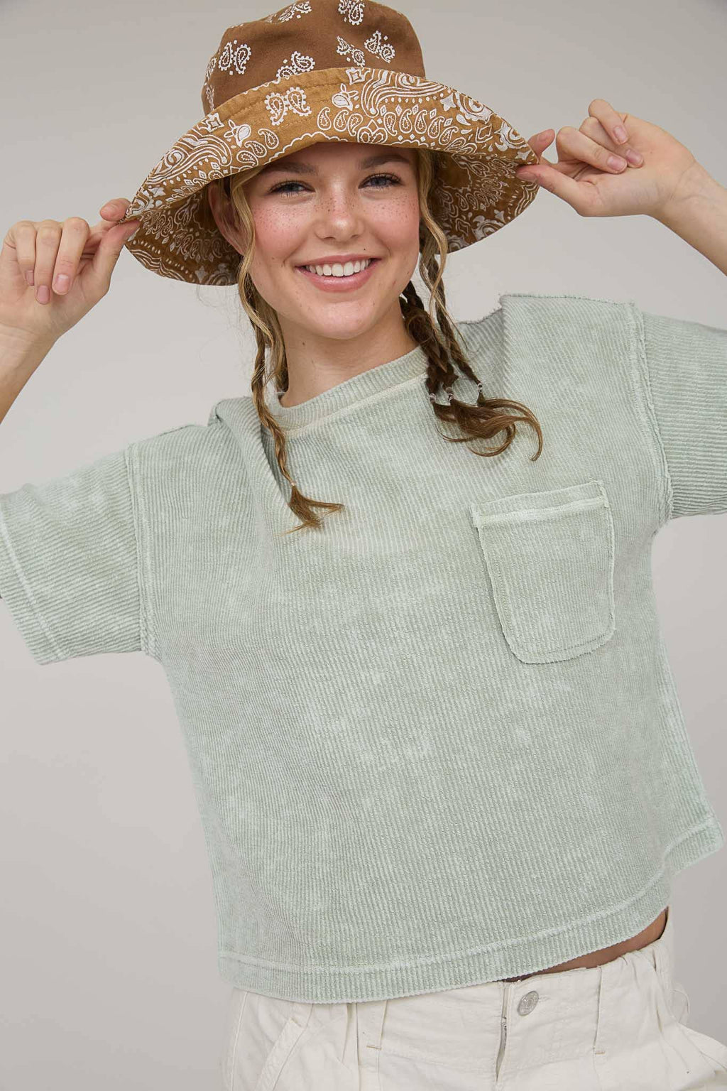 Everyday WASHED RIBBED SHORT SLEEVE TEE WITH POCKET