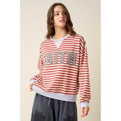 FAITH PATCHWORK STRIPED LONG SLEEVE SWEATSHIRT