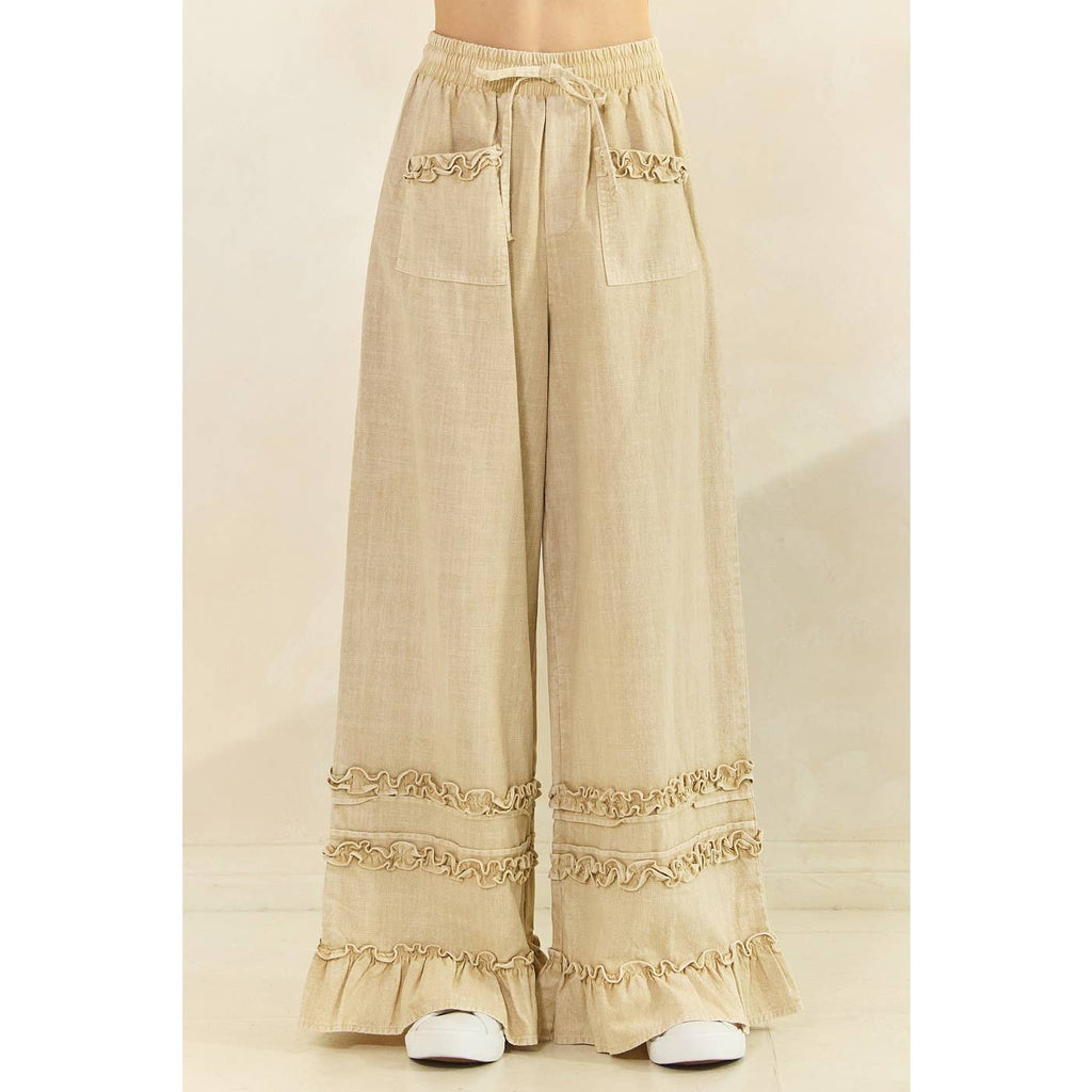 RUFFLE TRIM POCKET MINERAL WASH WIDE LEG PANTS