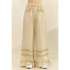 RUFFLE TRIM POCKET MINERAL WASH WIDE LEG PANTS