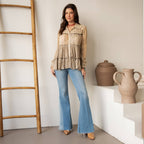 Young Threads - Mineral Wash Tiered Button-Down Blouse with Floral Details