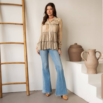 Young Threads - Mineral Wash Tiered Button-Down Blouse with Floral Details