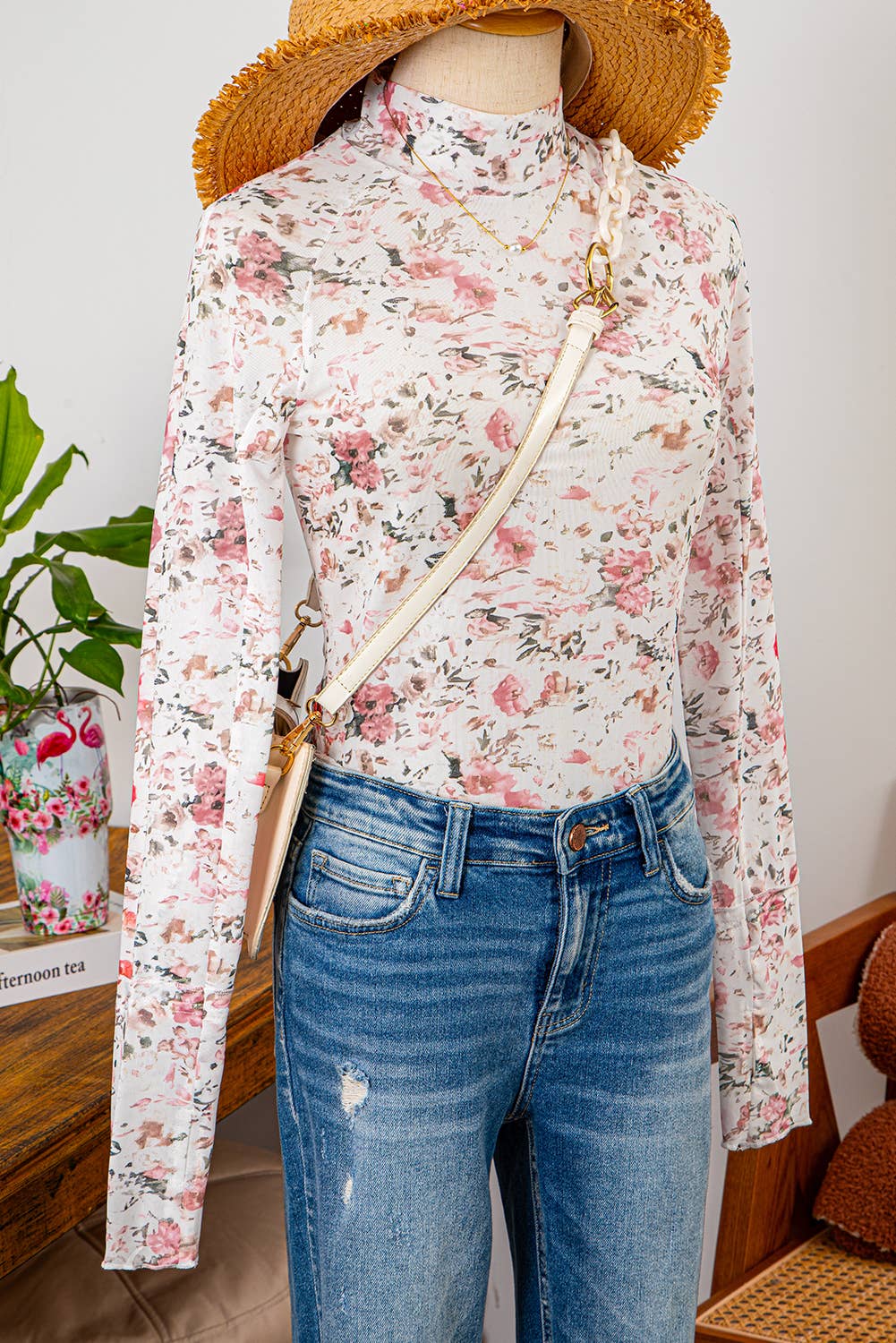 Fashion-W Floral Long Sleeve Mock Neck Sheath Mesh Blouse