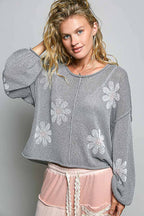 Pol Clothing - Round Neck Balloon Sleeve Floral Print Thin Sweater