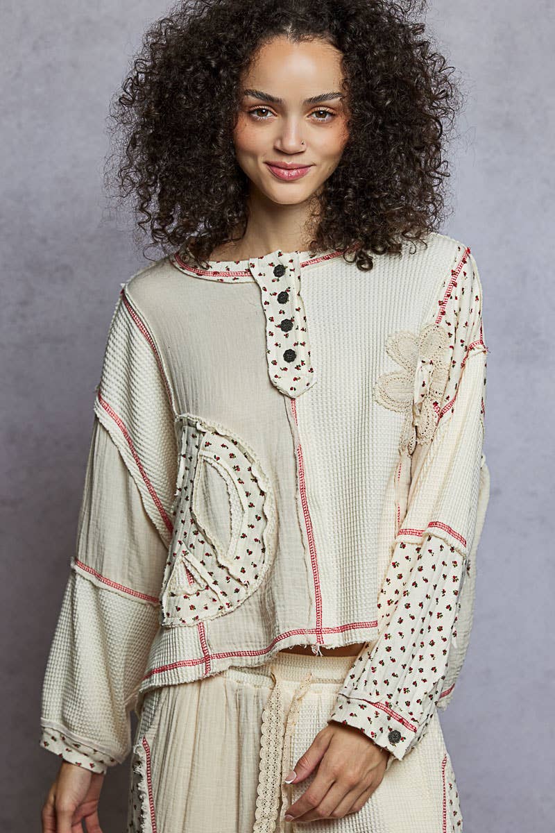 Pol Clothing - Round neck peace patch floral oversized fit knit top