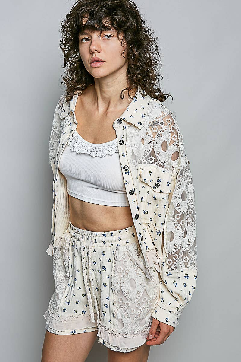 Pol Clothing - Floral Knit Balloon Sleeve Lace Patch Jacket Top