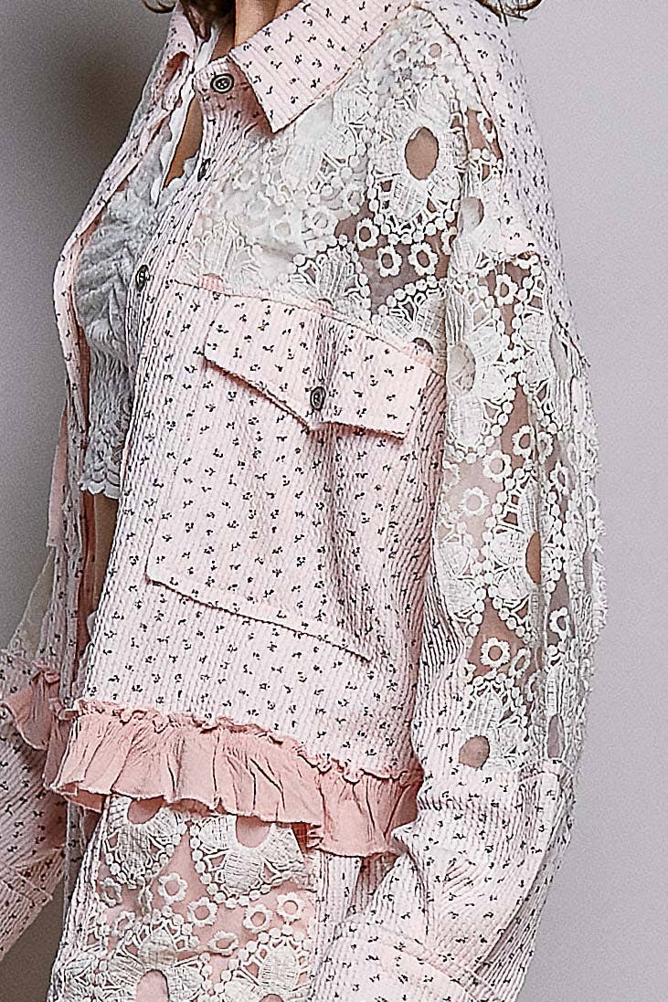 Pol Clothing - Floral Knit Balloon Sleeve Lace Patch Jacket Top