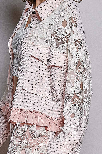 Pol Clothing - Floral Knit Balloon Sleeve Lace Patch Jacket Top