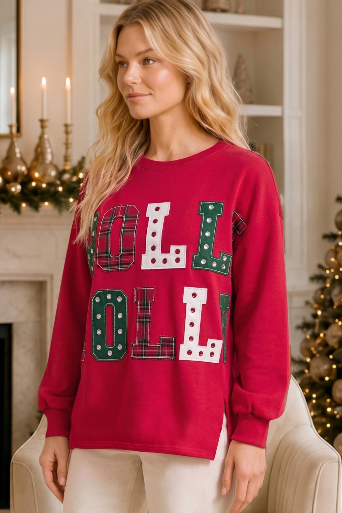 Holly Jolly Patchwork Graphic Holiday Sweatshirt-Main Strip