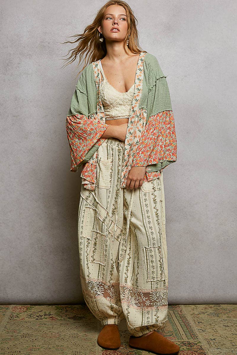 Pol Clothing - Double Gauze Floral Roomy Fit Open Cardigan with V-Back