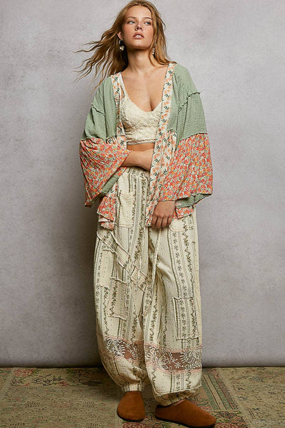 Pol Clothing - Double Gauze Floral Roomy Fit Open Cardigan with V-Back
