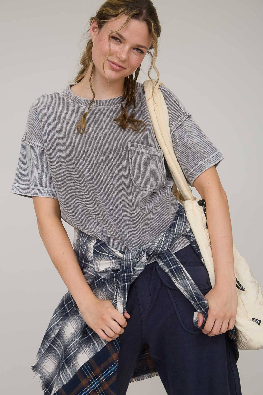 Everyday WASHED RIBBED SHORT SLEEVE TEE WITH POCKET