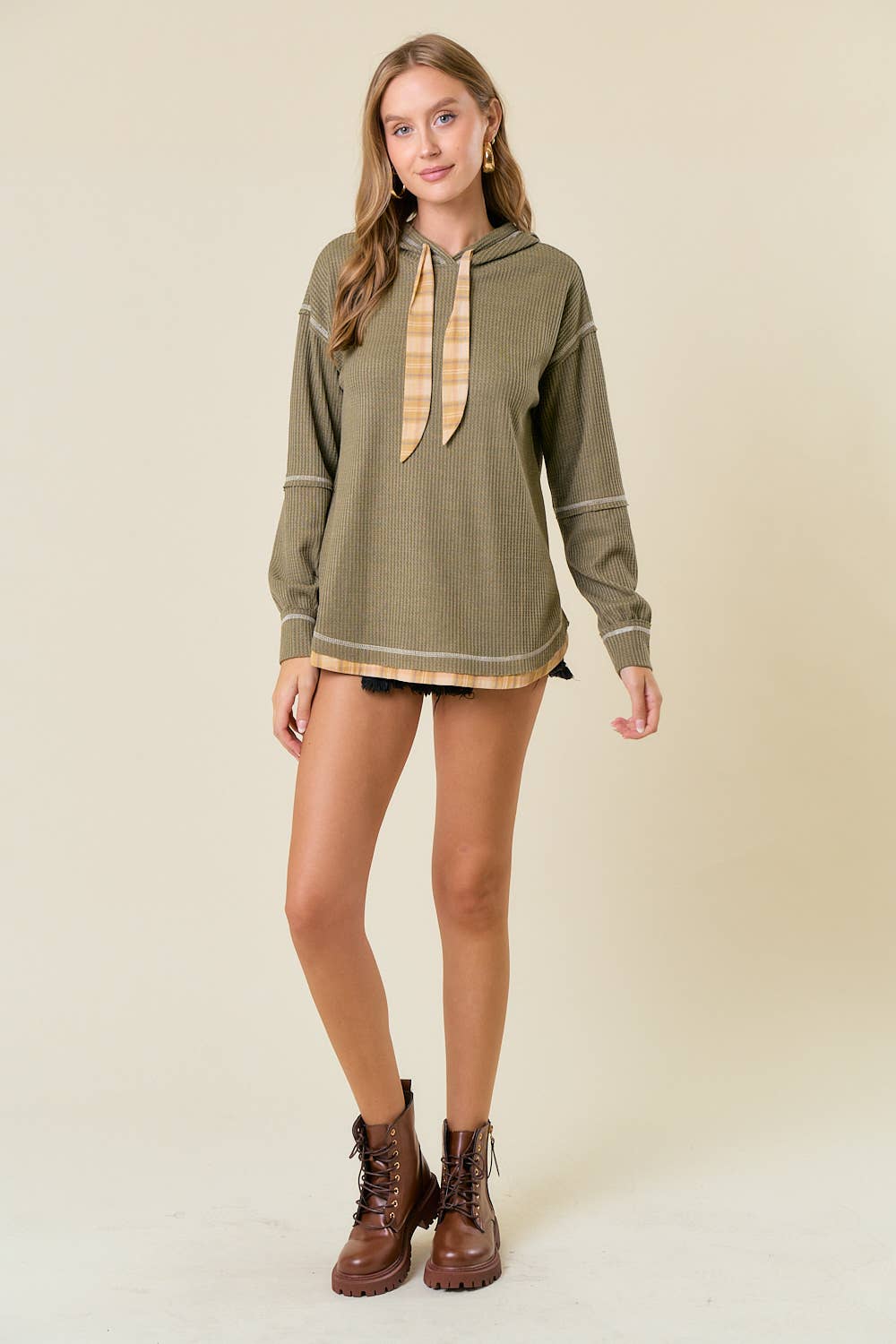 Soft WAFFLE KNIT PLAID STRAP HOODED SWEATSHIRT
