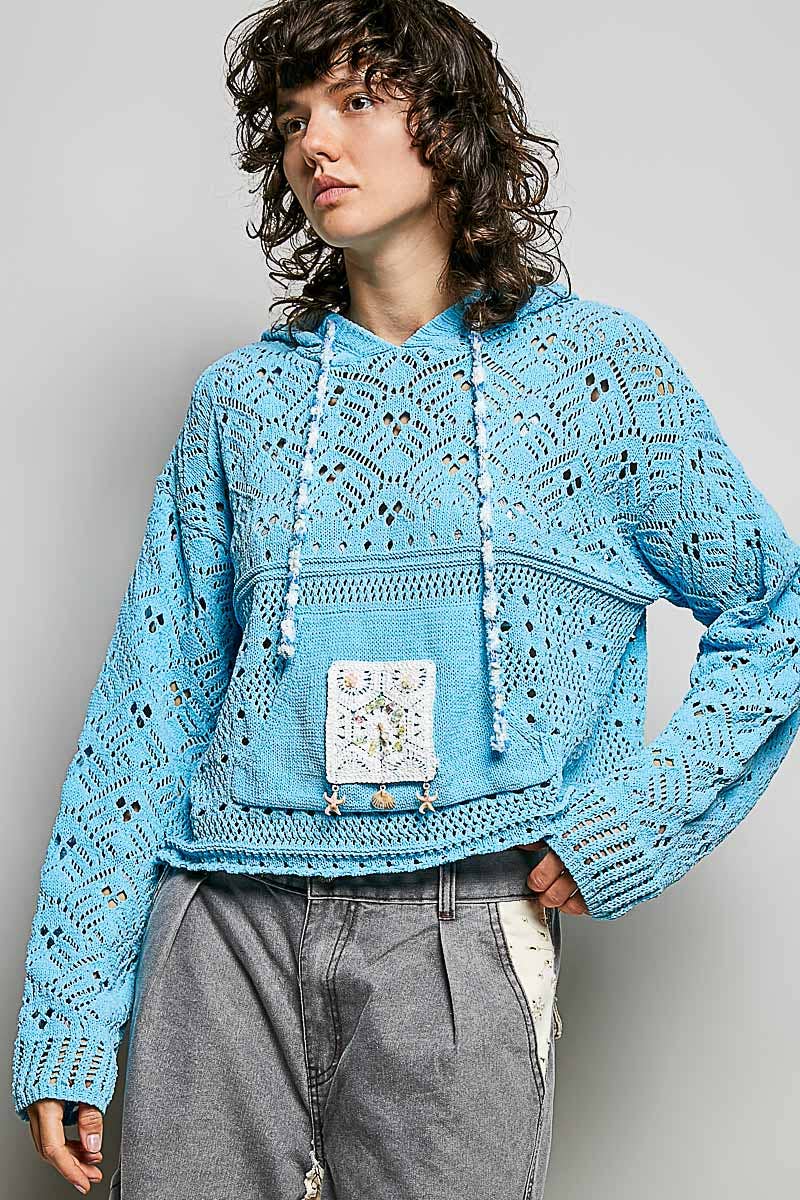 Pol Clothing - Chenille Crochet Lightweight Pullover Hoodie Sweater