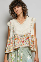 Pol Clothing - V-neck Floral Pattern Trim Ruffle Rib Knitted Sleeveless Top