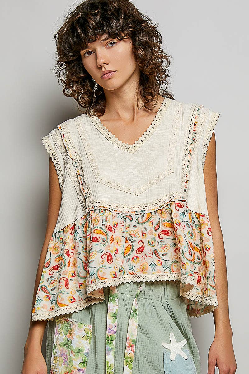 Pol Clothing - V-neck Floral Pattern Trim Ruffle Rib Knitted Sleeveless Top